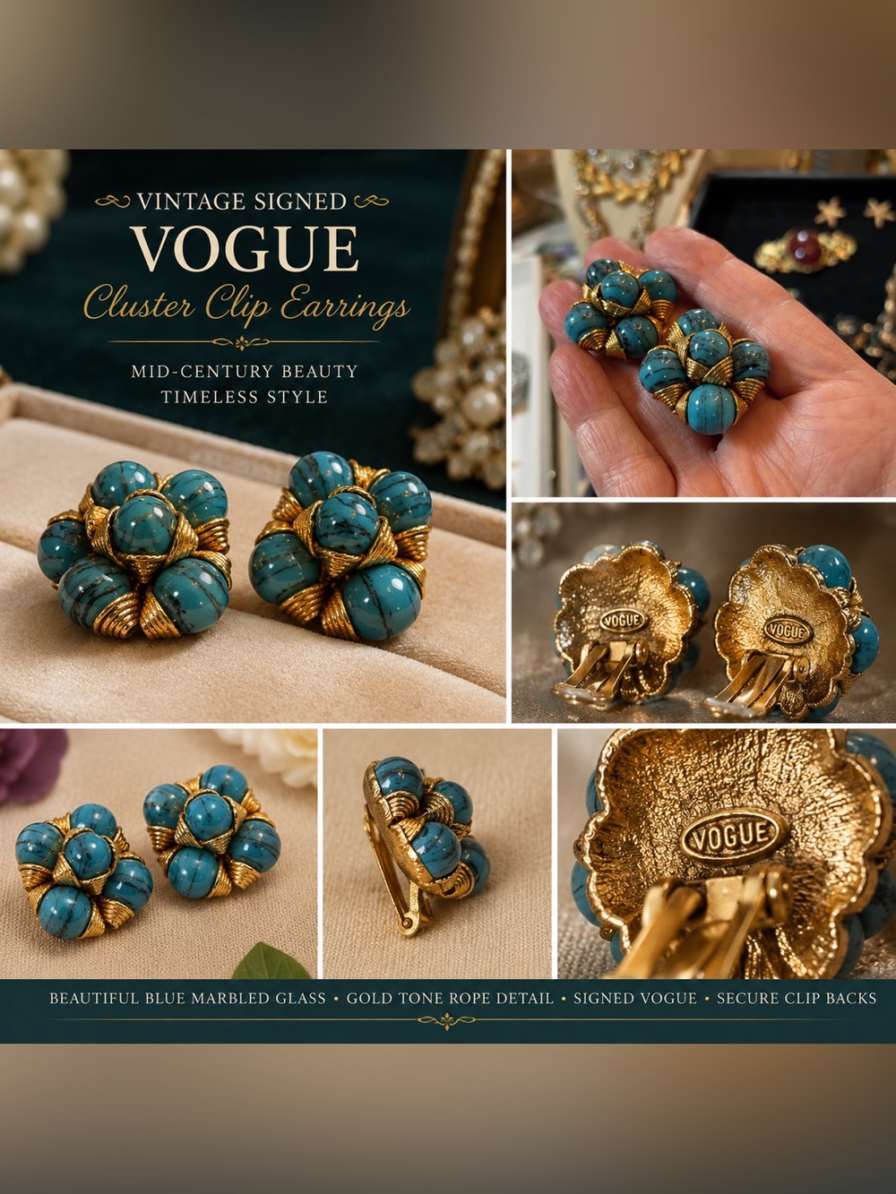 Vintage Vogue Gold-Tone & Turquoise Blue Cluster Clip Earrings